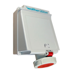 Waterproof wall socket for internal fixing 63A 4P 6h with two top cable entries and two knock-out bottom cable entries