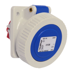 Waterproof panel socket angled 16A 3P 6h with flange 68x62mm