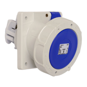 Waterproof panel socket angled 63A 3P 6h with flange 107x100mm