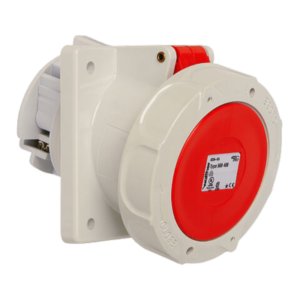 Waterproof panel socket angled 63A 4P 6h with flange 107x100mm